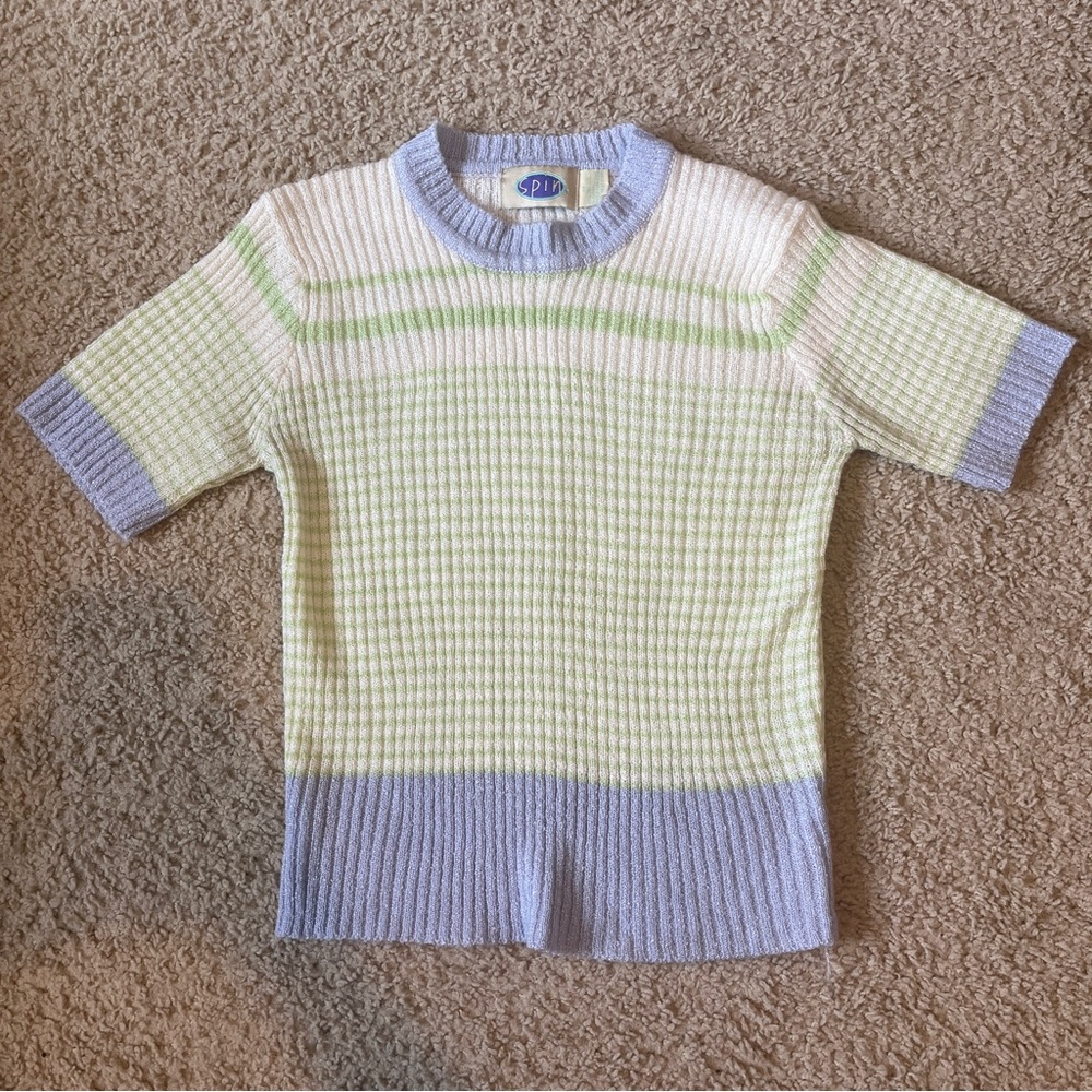 Vintage Spin Women's Medium Knit Knitted Shirt Short-Sleeve Green Blue Ribbed